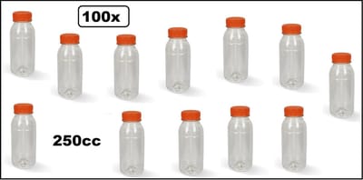 100x Flesje PET helder 250cc met oranje dop - vernieuwd 3,8 cm x 14 cm - drink fles vruchten sap limonade drank thema feest