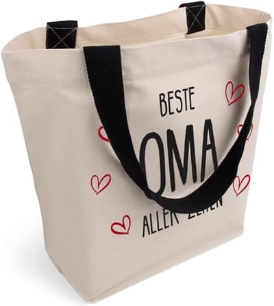 Famanu - Stijlvolle ruime draagtas met binnenzak en ritssluiting, katoenen tas, stoffen tas, shopper, handtas met grote bodem, Öko-Tex 100 standaard gecertificeerd, Bedrukt / oma