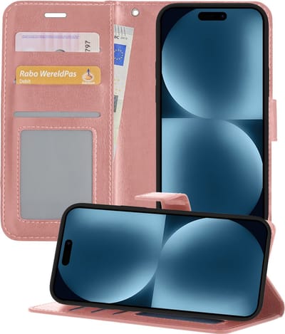 Hoesje - Geschikt voor Apple iPhone 15 - Luxe Bookcase - Walletcase Hoes - Portemonnee - Cover - Telefoonhoes - Rosé goud