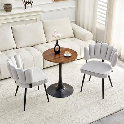 Set Tafel En Stoelen - Ronde Eettafel Met 2 Eetkamerstoelen - Bloemblad Rugleuning En Stabiele Middenvoet - MDF Lichtgrijs