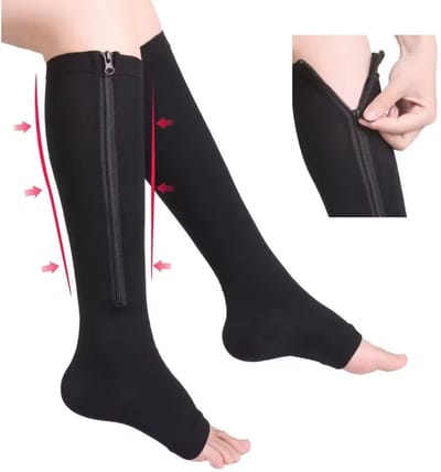 CHPN - Steunkousen - CompressieKousen - L/XL - Zwart - Drukkousen - Vliegtuigsokken - Open teen - Vliegtuig sokken - Compressie Sokken - Hoge kousen - Met Rits
