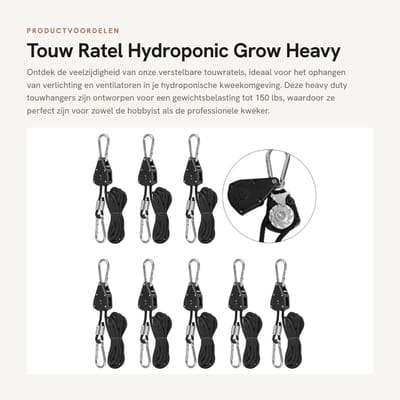 Dailygoods - Touw Ratel - Hydroponic Grow - Heavy Duty - 150lbs Gewicht Capaciteit - Verstelbare Touwhanger - Geschikt voor Plantententen