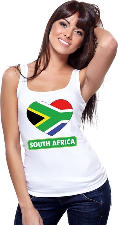 Zuid-Afrika singlet shirt/ tanktop met Zuid Afrikaanse vlag in hart wit dames S
