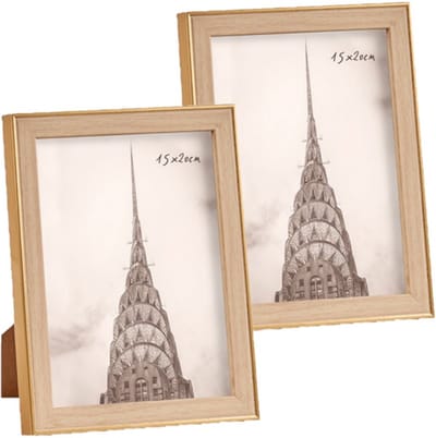 2x stuks kunststof fotolijst goud met hout geschikt voor een foto van 15 x 20 cm