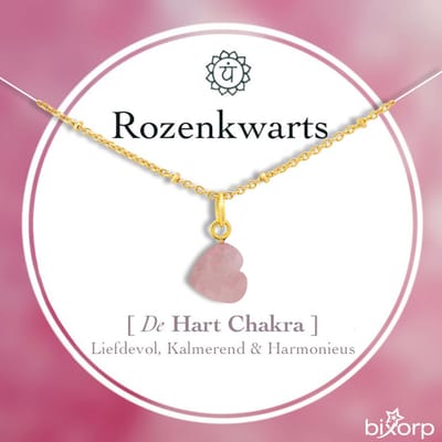 Bixorp Rozenkwarts Hartje Ketting - Edelsteen Hart Chakra Hanger - Roestvrij Staal met Verguld Goud - 36+8cm