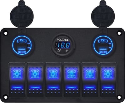 ProRide Schakelpaneel 12V voor Auto/Boot - USB/USB C Lader 4 Poorten met Voltmeter - QC3.0 - 6 Schakelaars