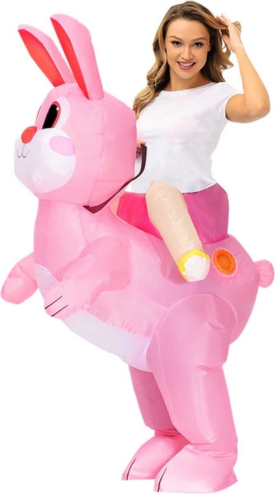 KIMU® Opblaas Kostuum Zittend Op Konijn Roze - Opblaasbaar pak - Konijnenpak Mascotte Opblaaspak - Opblaasbare Haas Paashaas Paashaaspak Festival