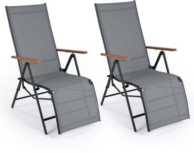 COSTWAY Ligstoel, inklapbaar, set van 2, ligstoel met verstelbare rugleuning, weerbestendige tuinligstoel, klapstoel tot 150 kg belastbaar, relaxstoel voor tuin, balkon, terras (grijs)