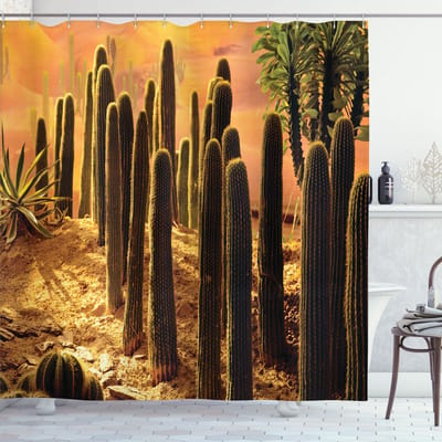 ABAKUHAUS Cactus Douchegordijn, Zonsondergang in Wilde Woestijn, Stoffen Badkamerdecoratie Set met haken, 175 x 180 cm, Zalmgroen