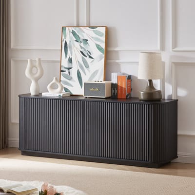 Sideboard met golfpatroon - 162,5x38x61 cm zwart - 4 deuren, push-to-open systeem, houtnerf werkblad - Verstelbare voetjes, duurzaam bewerkt hout - Geschikt als tv-meubel, dressoir en opbergkast in woonkamer, eetkamer, keuken en hal
