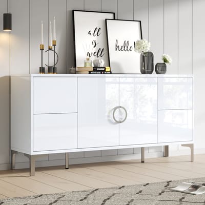 MODENUIT Dressoir - 4 Laden En 2 Deuren - Voor Woonkamer En Eetkamer - Hoogglans MDF - 150x38x59,5 Cm - Wit