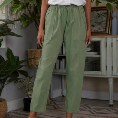 Mode dames katoenen linnen broek effen kleur zakken elastische taille losse casual broek 5XL groen