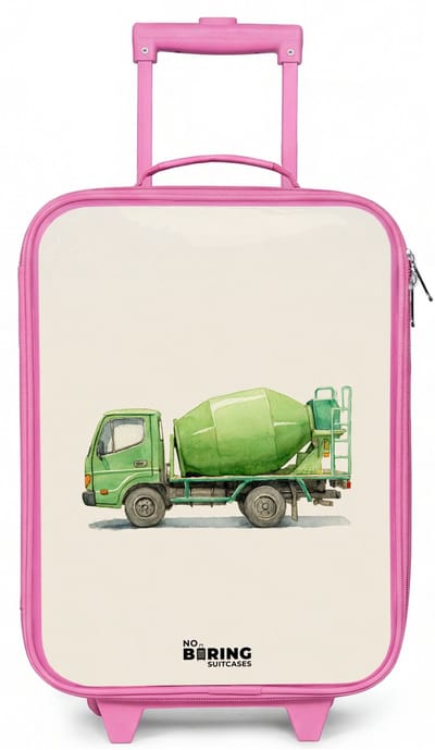 NoBoringSuitcases.com® - Kinderkoffer roze - Kindertrolley meisje - Betonmixer - Getekend - Groen - Koffer kind lichtgewicht - Reiskoffer trolley voor kinderen - Koffertje met lichtgevende wieltjes - Rolkoffer
