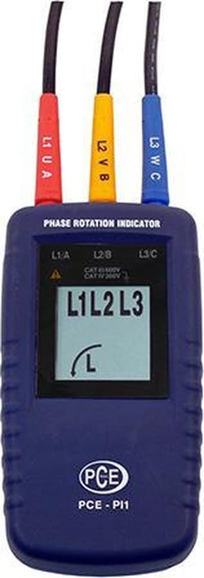 Draairichting meter PCE-PI1 - CAT III 600 V, IEC 61010 - 3 meetsnoeren met alligatorclips