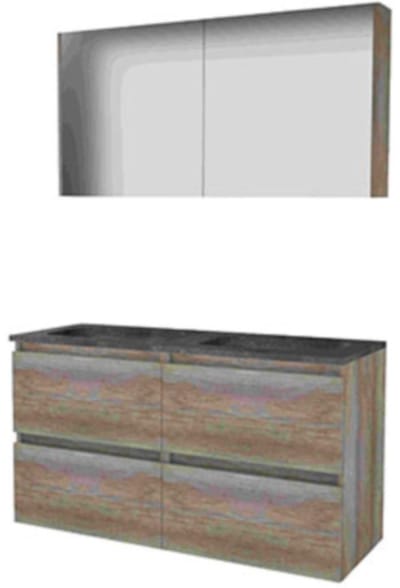 Basic-Line Comfort 46 Badkamermeubelset - 120 x 46 cm - Greeploos - 4 Lades - Hardstenen Wastafel - Zonder Kraangat - Spiegelkast - Scotch Oak