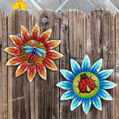 2 Stuks Metalen Zonnebloem Tuinornamenten Buiten - 3D Kleurrijk Wanddecoratie Hangend