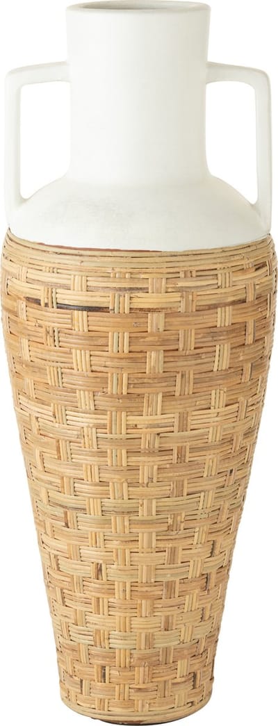 J-Line vaas + Handvaten Geweven - terracotta/rotan - wit/naturel - 100 cm hoog