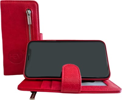 HEM Leren Rits Portemonnee Hoesje - Geschikt voor iPhone 16 - Portemonnee hoesje iPhone 16 – Pasjeshouder – Burned Red
