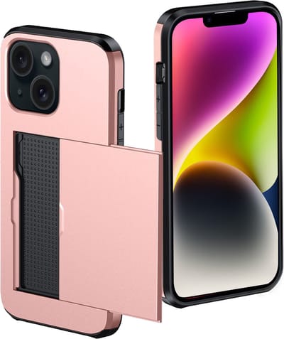 Hoes Geschikt voor iPhone 14 Hoesje Pasjeshouder Hard Cover Shock Proof Hard Case Hoes Met Kaarthouder - Rosé goud