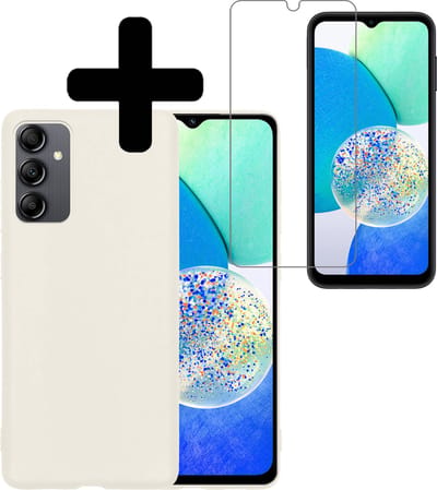 Hoesje - Met Screenprotector - Geschikt voor Samsung Galaxy A14 - Sterk & Shockproof - Back Cover - Siliconen Case - Telefoon Hoes - Telefoonhoesjes - Wit