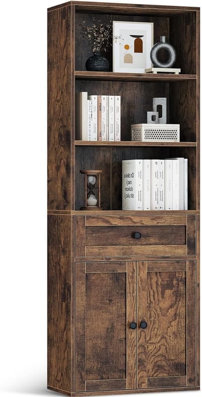 HOMESY 5-laags boekenkast met deuren en kast, Vloerstaande display-opbergplank, Hoge boekenkast met lades voor Huis, Kantoor, Woonkamer, Slaapkamer, Bruin, 48 x 24 x 164