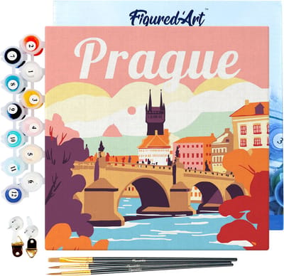 Figured'Art Mini Schilderen op Nummer Volwassenen 20x20cm met lijst Reisposter Prague - Klein Formaat Creatieve Hobby Kit DIY Art Nummer Compleet