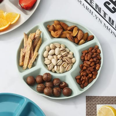 4 stuks snackborden met vakken, kunststof snackschaal, set met 5 vakken, fruitborden voor het bewaren van noten, vruchten, snacks, snoep, koekjes, 22,5 x 2,3 cm (4 kleuren)