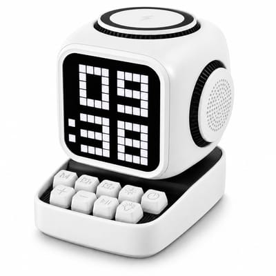 Gloovon® - Draadloze Bluetooth Speaker - Desktop Speaker - Muziek Box - Met draadloze oplaadfunctie - Aanraakinteractie - Met elektronische wekkerfunctie - Pixelstijl - Wit