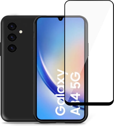 Hoesje geschikt voor Samsung A34 + Screenprotector – Full Screen Tempered Glass - Liquid Back Case Cover Zwart