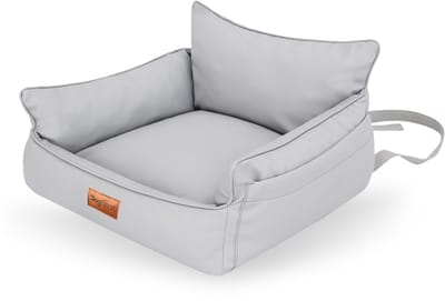 Voorstoel Honden Autostoel Mand – DogSeat Nova Cruise ® – Licht Grijs Leatherlook – Voor Kleine Honden – Met veiligheidsriem, gesp en gordel slot – Voorstoel & Achterbank – Waterafstotend & Krasbestendig – Luxe Autostoel Hond – Machinewasbaar