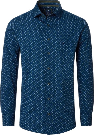 Redmond comfort fit overhemd - popeline - blauw met groen dessin - Strijkvriendelijk - Boordmaat: 39 - 40