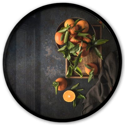 Poster in lijst Rond - Fotolijst 40x40 cm - Posters - Sinaasappels - Bladeren - Oranje - Stilleven - Ronde posterlijst zwart - Decoratie - Wanddecoratie woonkamer - Muurdecoratie slaapkamer