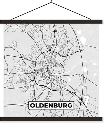 Posterhanger incl. Poster 60x60 cm - Schoolplaat - Kaart - Stadskaart - Duitsland - Oldenburg - Plattegrond - Textielposter - Zwarte latten - Stadskaart