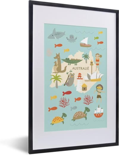 Wereldkaart Kinderen - Australië - Dieren - Schoolplaat - Kinderkamer - 40x60 cm
