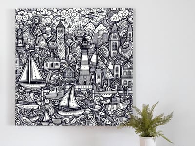 Doodle haven schilderij | Haven Doodles: Een artistiek meesterwerk vol creativiteit en verbeelding | Kunst - 20x20 centimeter op Dibond | Foto op Dibond