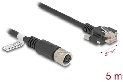 Delock M12 Cable X-coded 8 pin female to RJ45 plug with screws Cat.6A S/FTP 5 m black