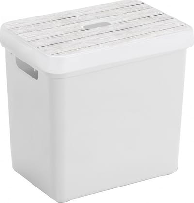Sunware Opbergbox - mand - wit - 25 Liter - kunststof - met houtkleur deksel - opslag kist - 35 x 25 x 36 cm