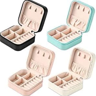 Oneay Draagbaar mini-sieradendoosje voor op reis, leren sieraden- en ringorganizer, geschenkdoos voor meisjes en dames (4 kleuren).