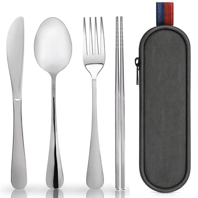 BOTC Bestekset met Eetstokjes - Herbruikbaar RVS Reisbestek met Etui - Draagbare Bestekset voor Lunch, Werk, Reizen & Kamperen - Zilver