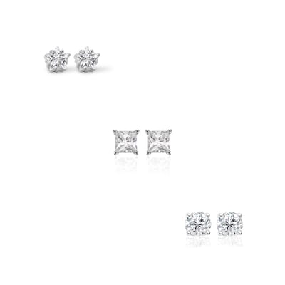 New Bling 9NB-SET042 Zilveren Oorknopjes setje - 3 paar - Earparty - Oorbellen - 4mm - Zirkonia - Rhodium - Zilver