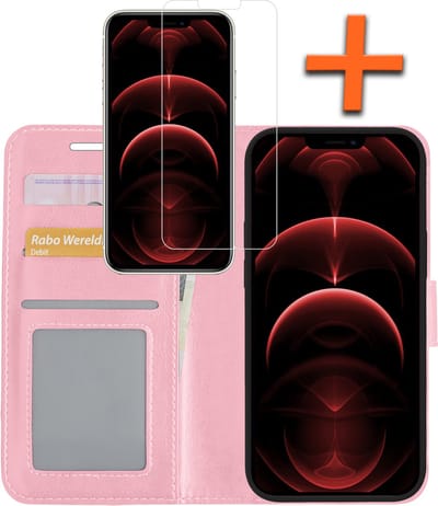 Hoes - Met Screenprotector - Geschikt voor Apple iPhone 14 - Luxe Pasjeshouder - Bookcase Portemonee - Flip Case - Kunstleer Book Case - Flipcase - Book Cover - Walletcase - PortemonneeHoes - Lichtroze