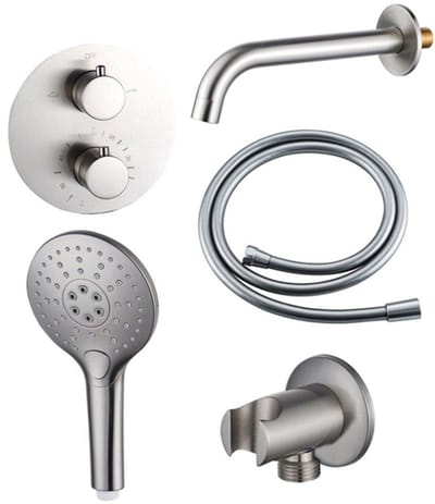 FugaFlow Eccelente Acces Badkraan set - uitloop - 22cm inkortbaar - rond bedieningspaneel - gladde slang - ronde handdouche - inbouwdeel - wandhouder - geborsteld RVS PVD