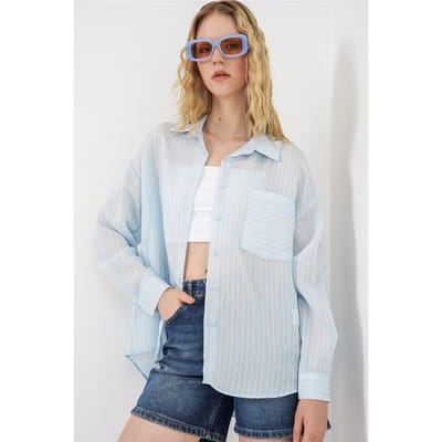 Oversized Gestreepte Lange Mouwen Shirt met Zak