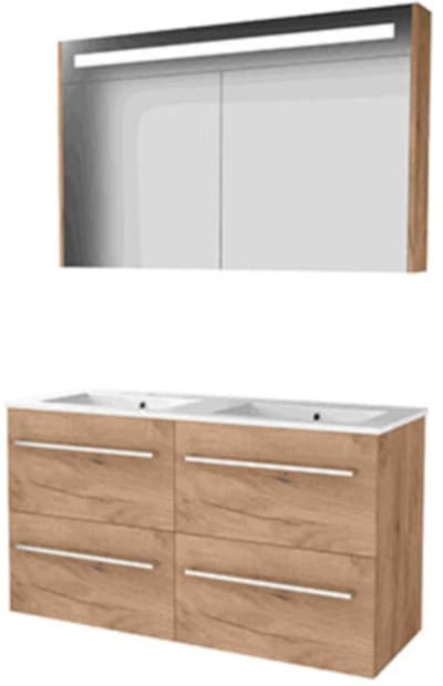 Basic-Line Premium 46 Badkamermeubelset - 120 x 46 cm - Met Grepen - 4 Lades - Keramische Wastafel - 2 Kraangaten - Spiegelkast met LED Verlichting - Whisky Oak