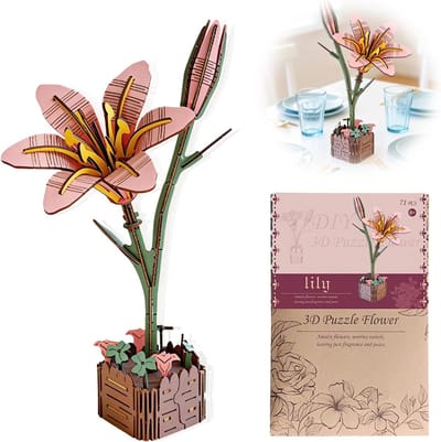 Houten 3D Puzzel - Bloem Lelie - Creatief Bouwen - Natuurlijk Materiaal - 20 cm