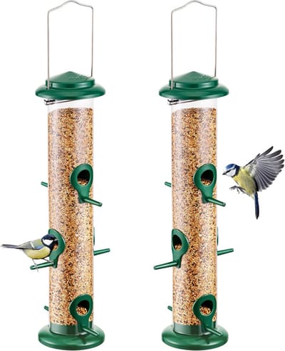 Hanging Voederhuis voor Wilde Vogels met 6 Openingen - Geschikt voor Zonnebloemzaad, Nigerzaad en Gemengde Zaden - Duurzaam Ontwerp in Groene Afwerking - 2 Stuks