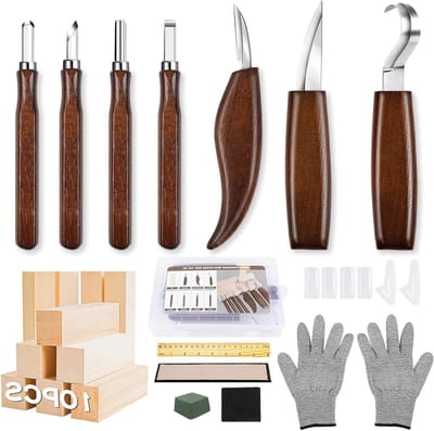 23-in-1 Hout Snijgereedschap Set met 7 Snijmessen, Ideaal voor Beginners en Professionals, Inclusief Snijbestendige Handschoenen en Slijpwielen