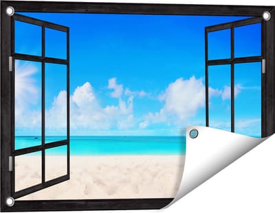 Gards Tuinposter Doorkijk Strand en Zee met Helder Witte Zand - 60x40 cm - Tuindoek - Tuindecoratie - Wanddecoratie buiten - Tuinschilderij