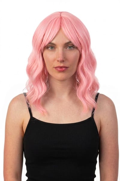 KIMU® Luxe Roze Pruik Schouderlengte - Schuine Pony Krullen - Oudroze Poederroze Lichtroze Suikerspin Candy Zoet Lollipop Festival