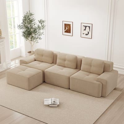 DESMIU Hoekbank 293 cm - Modulaire L-Vormige 3-Zits Bank Met Hocker - Zonder Montage - Voor Woonkamer - Ribstof Beige